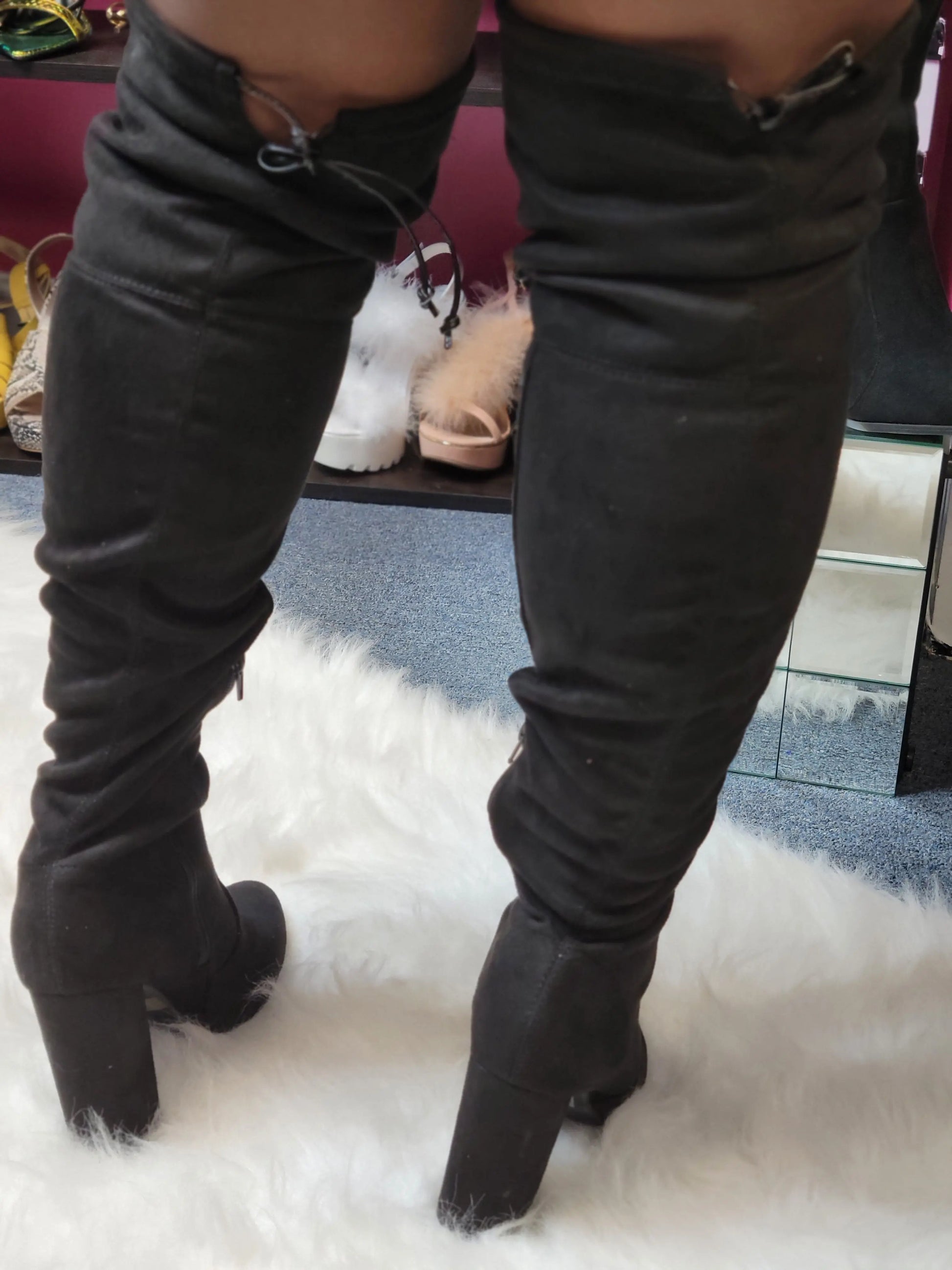 "Diva" BootsExperience the luxurious feel of faux suede with our "Diva" Boots. These thigh high boots feature a stylish chunky heel, perfect for making a statement. Keep in mindBootsK Monae'sK Monae's"Diva" Boots